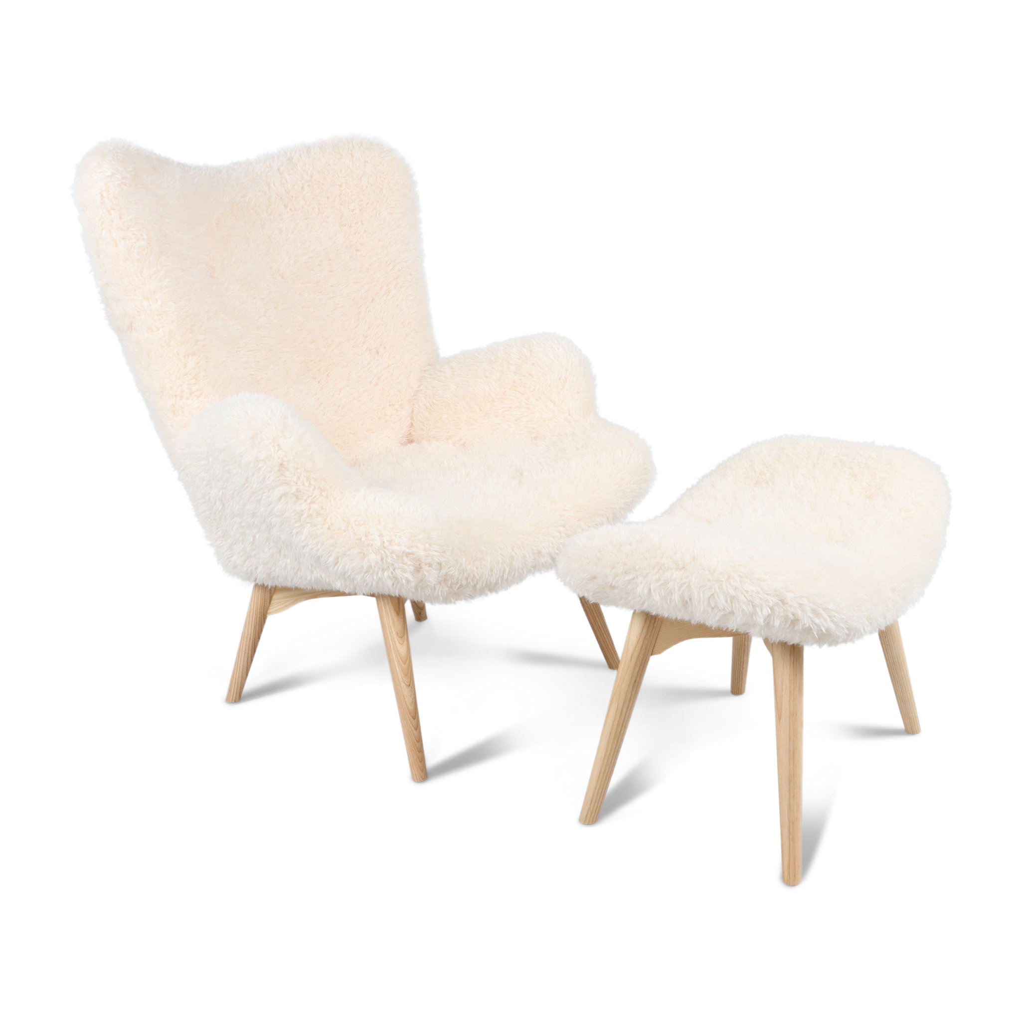 Grant Featherston Contour Lounge Chair & Ottoman Sheepskin-Long Hair / Natural Ash