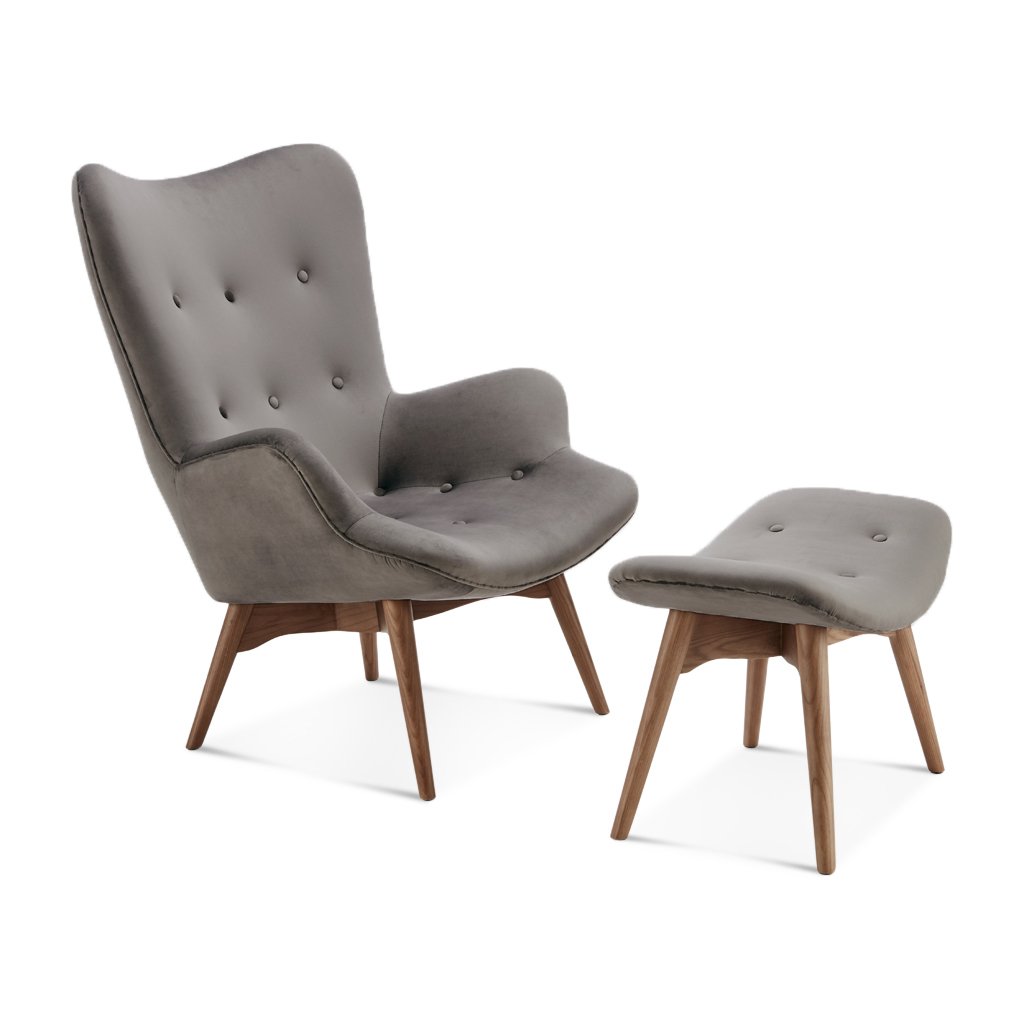 Grant Featherston Contour Lounge Chair & Ottoman Velvet-Graphite Grey / Walnut