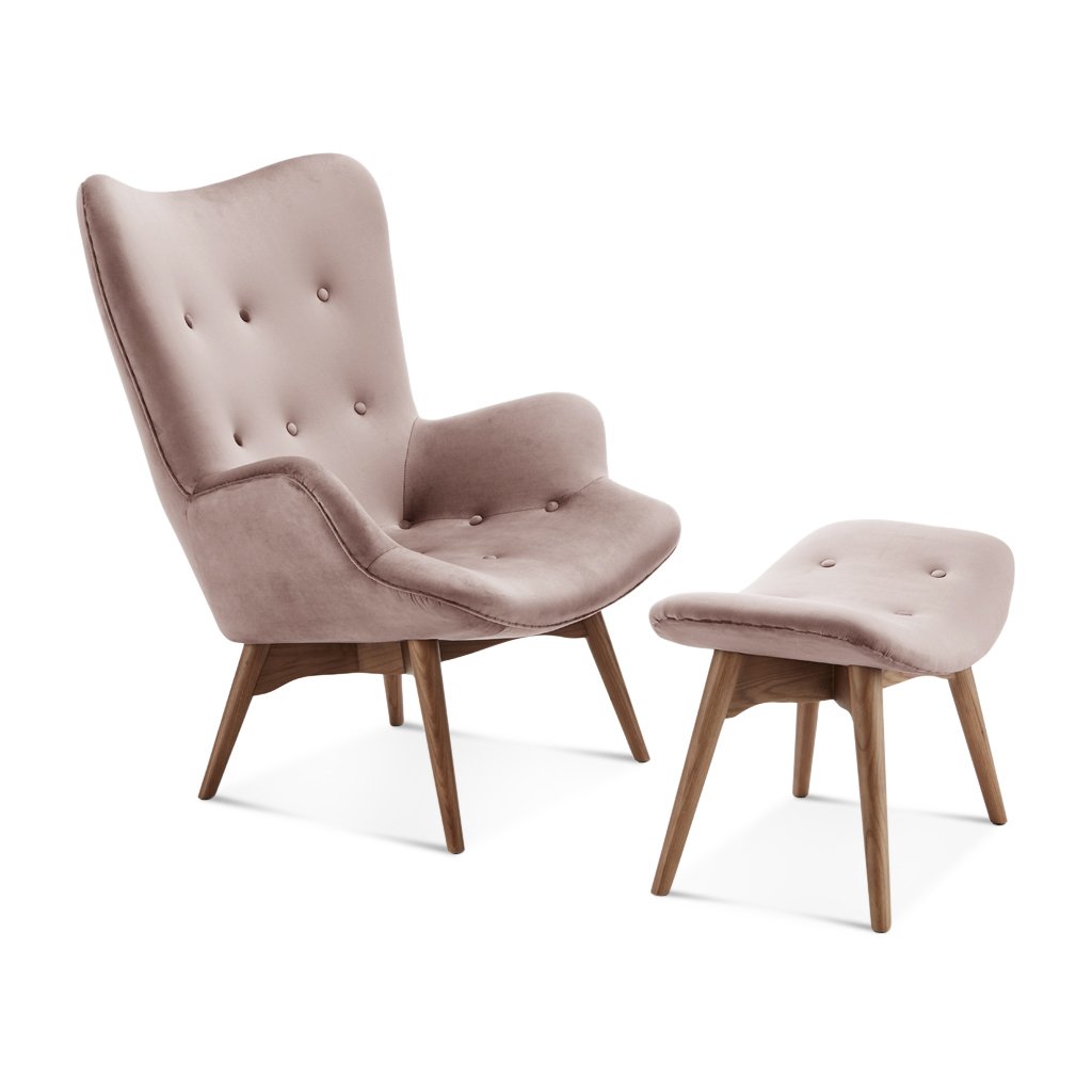 Grant Featherston Contour Lounge Chair & Ottoman Velvet-Rose Mauve / Walnut