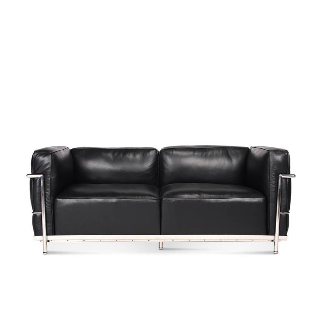 Corbusier Grand Modele Two-Seat Sofa With Down Cushions Aniline Leather-Cream / Black Powder-Coated Steel