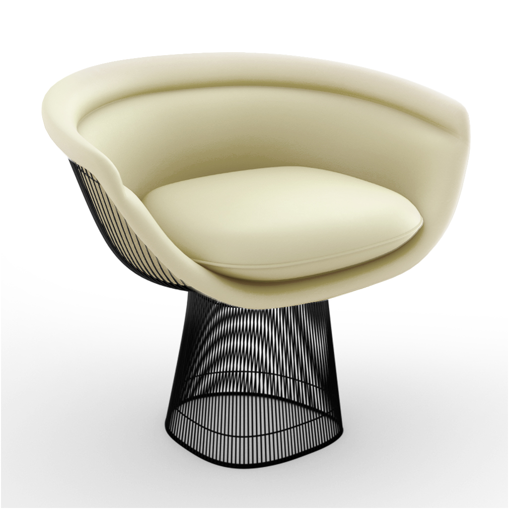 Mid Century Modern Warren Platner Lounge Chair - Gun Metal Black Base Aniline Leather-Cream