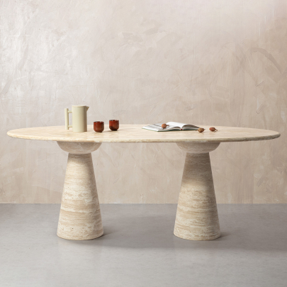 Dario Oval Stone Dining Table with Bi Conical Pedestal Base