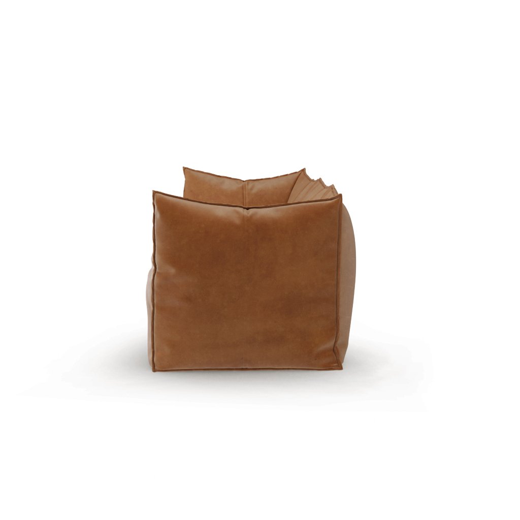 Back view of a compact brown leather pouf or ottoman with square shape.