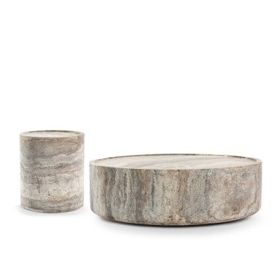 Alo Cylinder Travertine Drum Side Table & Coffee Table Set