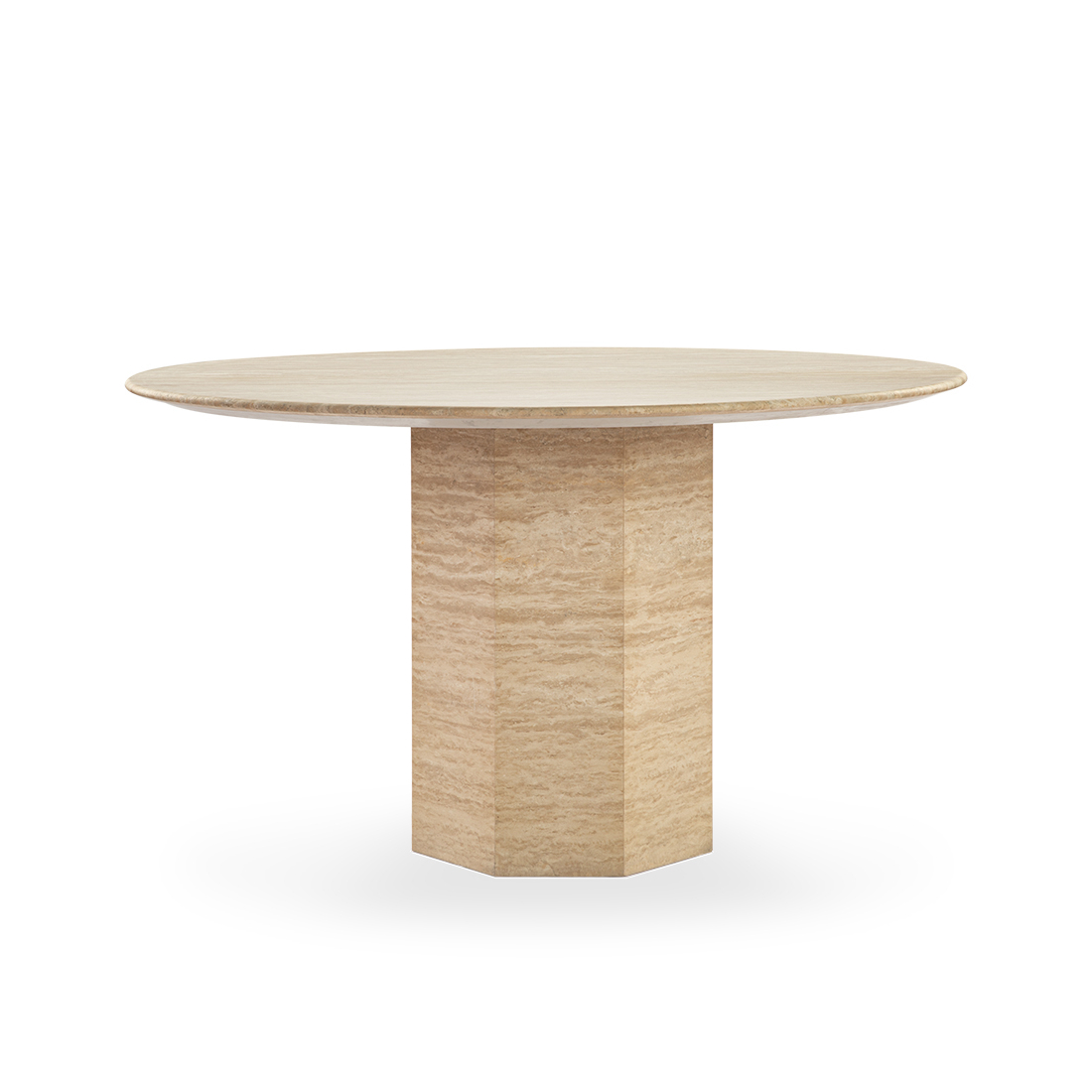 Picco Round Beige Travertine Dining Table with Hexagon Base
