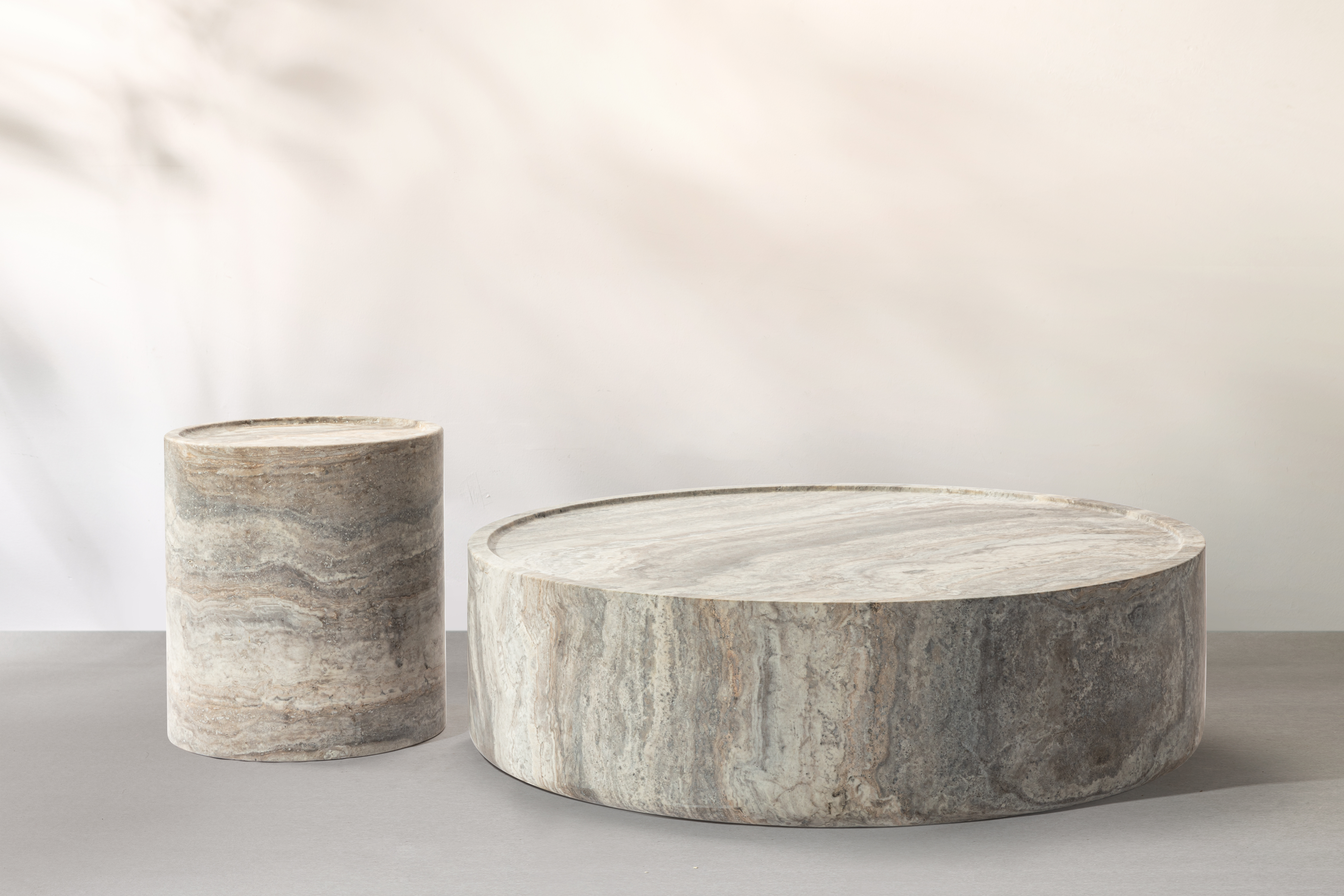 Alo Cylinder Travertine Drum Side Table & Coffee Table / Silver Travertine