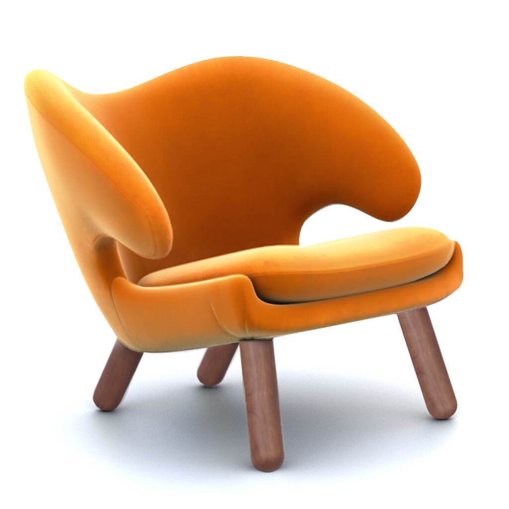 Finn Juhl Pelican Chair Velvet-Tangerine Orange / Walnut