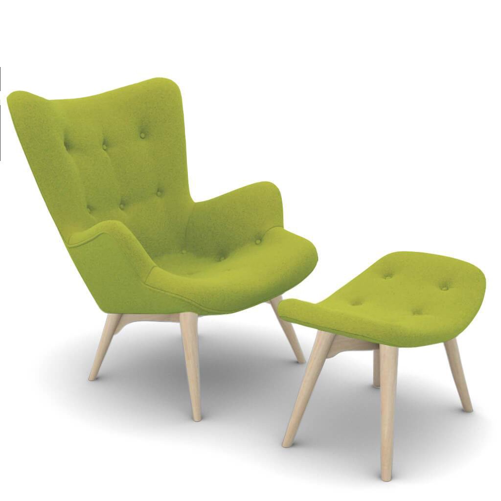 Grant Featherston Contour Lounge Chair & Ottoman Cashmere-Chartreuse Green / Natural Ash