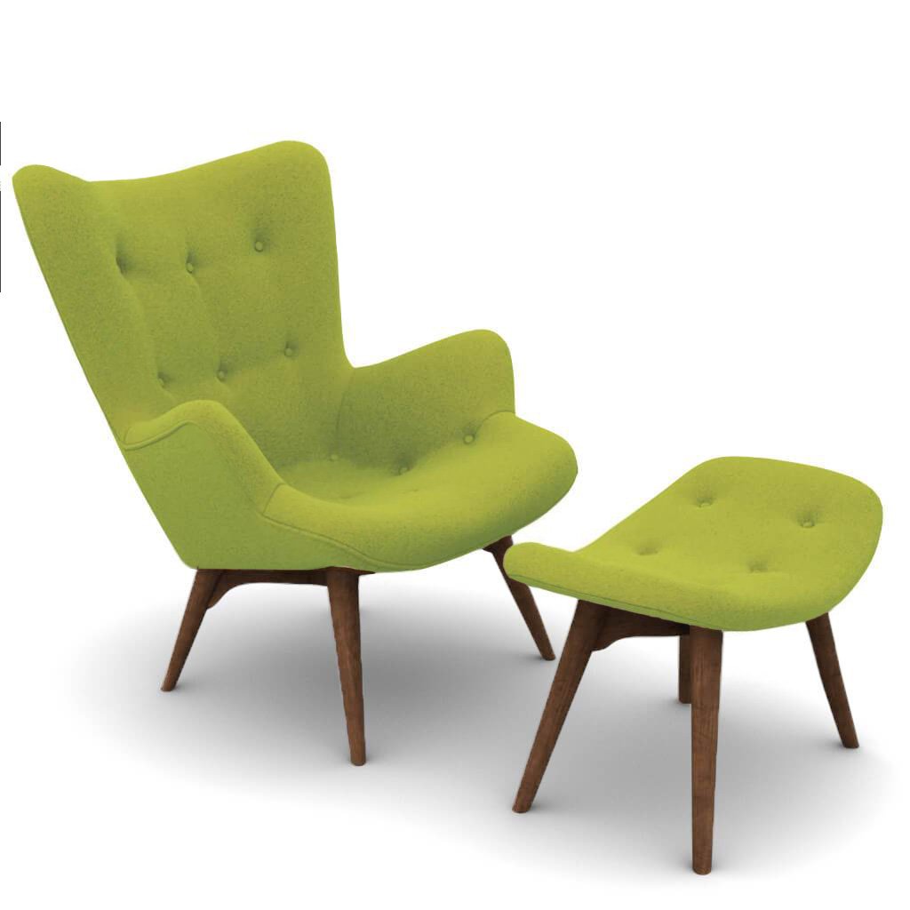 Grant Featherston Contour Lounge Chair & Ottoman Cashmere-Chartreuse Green / Walnut