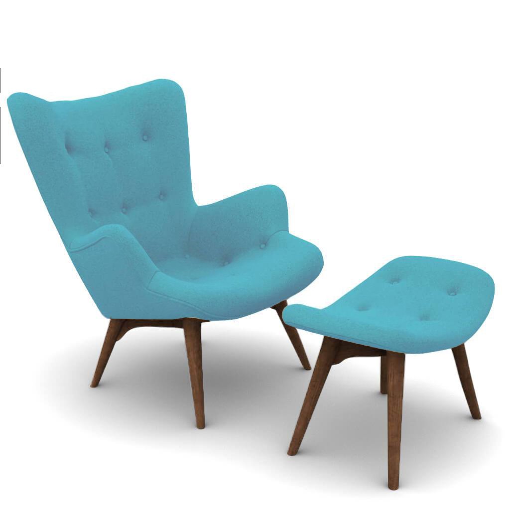 Grant Featherston Contour Lounge Chair & Ottoman Cashmere-Tiffany Blue / Walnut
