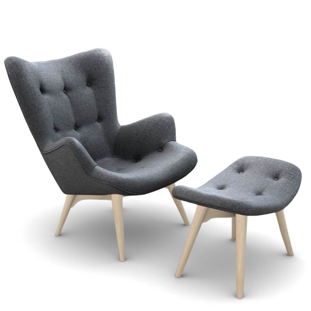 Grant Featherston Contour Lounge Chair & Ottoman Linen-Slate Grey / Natural Ash