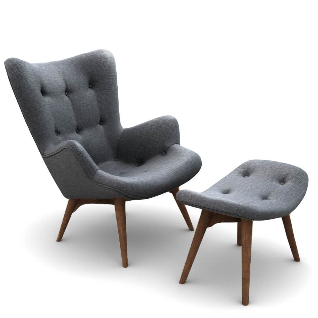 Grant Featherston Contour Lounge Chair & Ottoman Linen-Slate Grey / Walnut