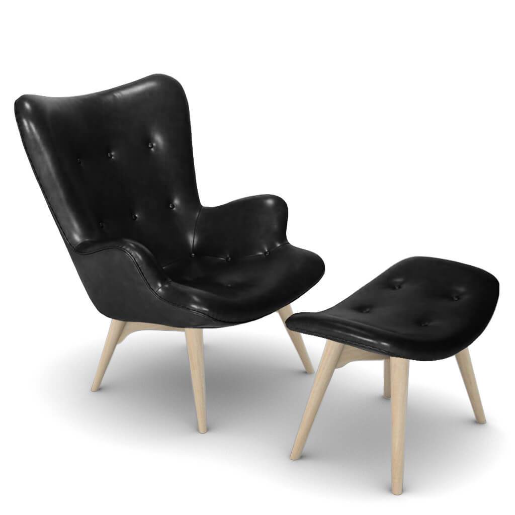 Grant Featherston Contour Lounge Chair & Ottoman Aniline Leather-Black / Natural Ash
