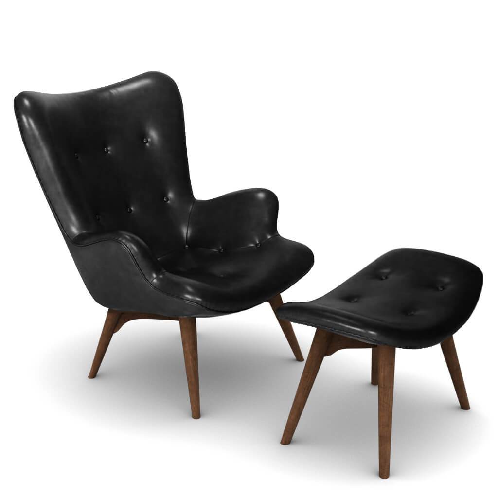 Grant Featherston Contour Lounge Chair & Ottoman Aniline Leather-Black / Walnut