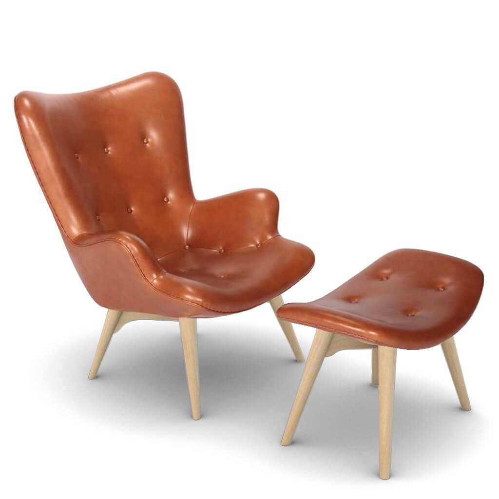 Grant Featherston Contour Lounge Chair & Ottoman Vintage Leather-Brown / Natural Ash