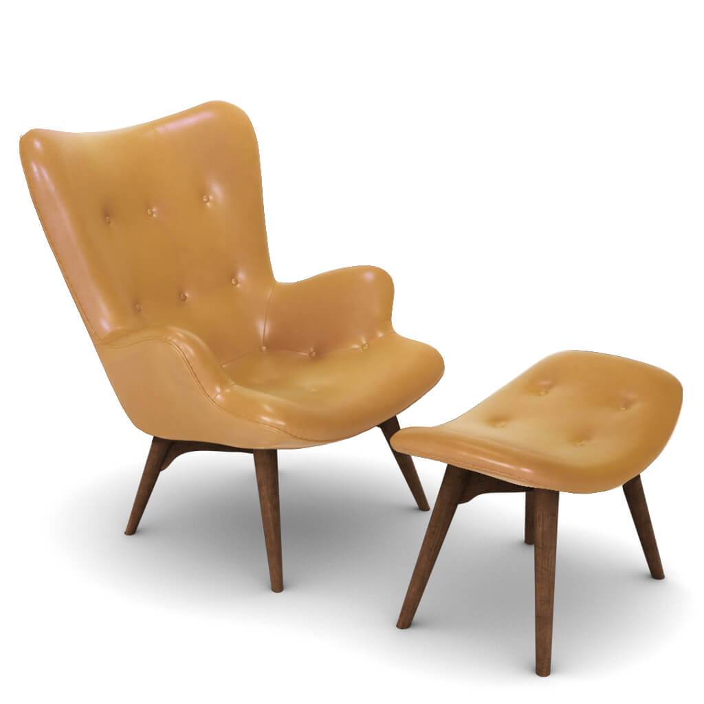 Grant Featherston Contour Lounge Chair & Ottoman Aniline Leather-Beige / Walnut