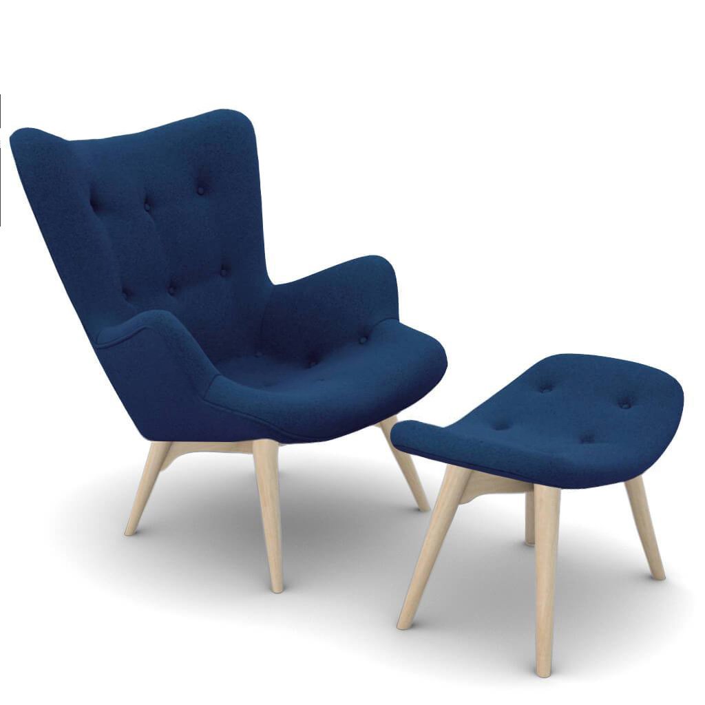 Grant Featherston Contour Lounge Chair & Ottoman Cashmere-Cobalt Blue / Natural Ash