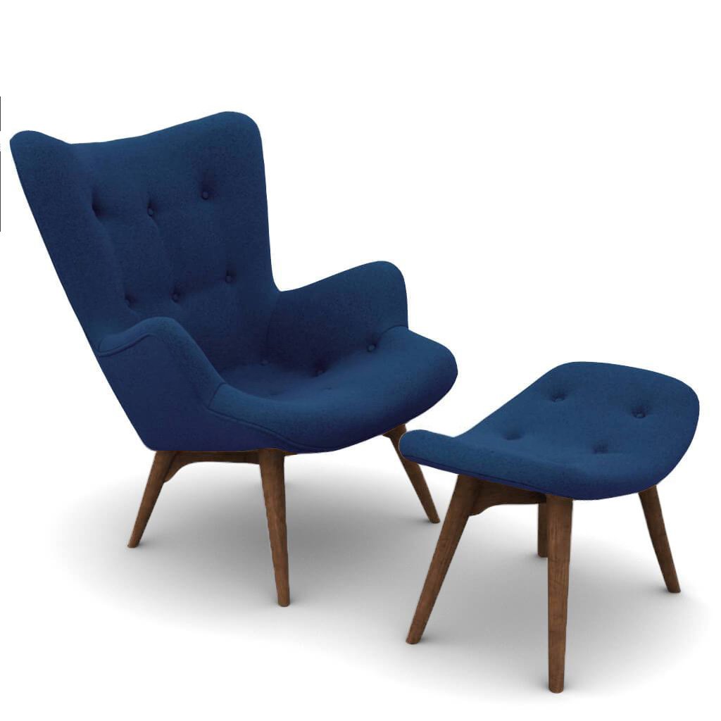 Grant Featherston Contour Lounge Chair & Ottoman Cashmere-Cobalt Blue / Walnut