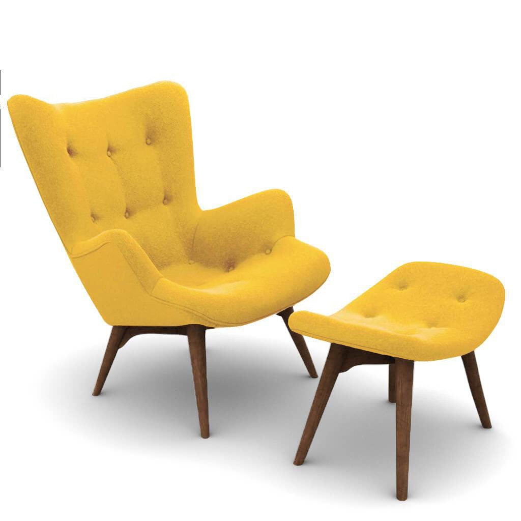 Grant Featherston Contour Lounge Chair & Ottoman Cashmere-Dijon Yellow / Walnut