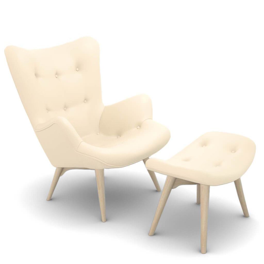Grant Featherston Contour Lounge Chair & Ottoman Aniline Leather-Cream / Natural Ash