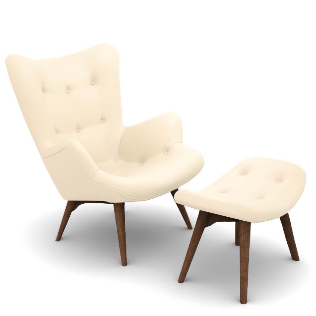 Grant Featherston Contour Lounge Chair & Ottoman Aniline Leather-Cream / Walnut