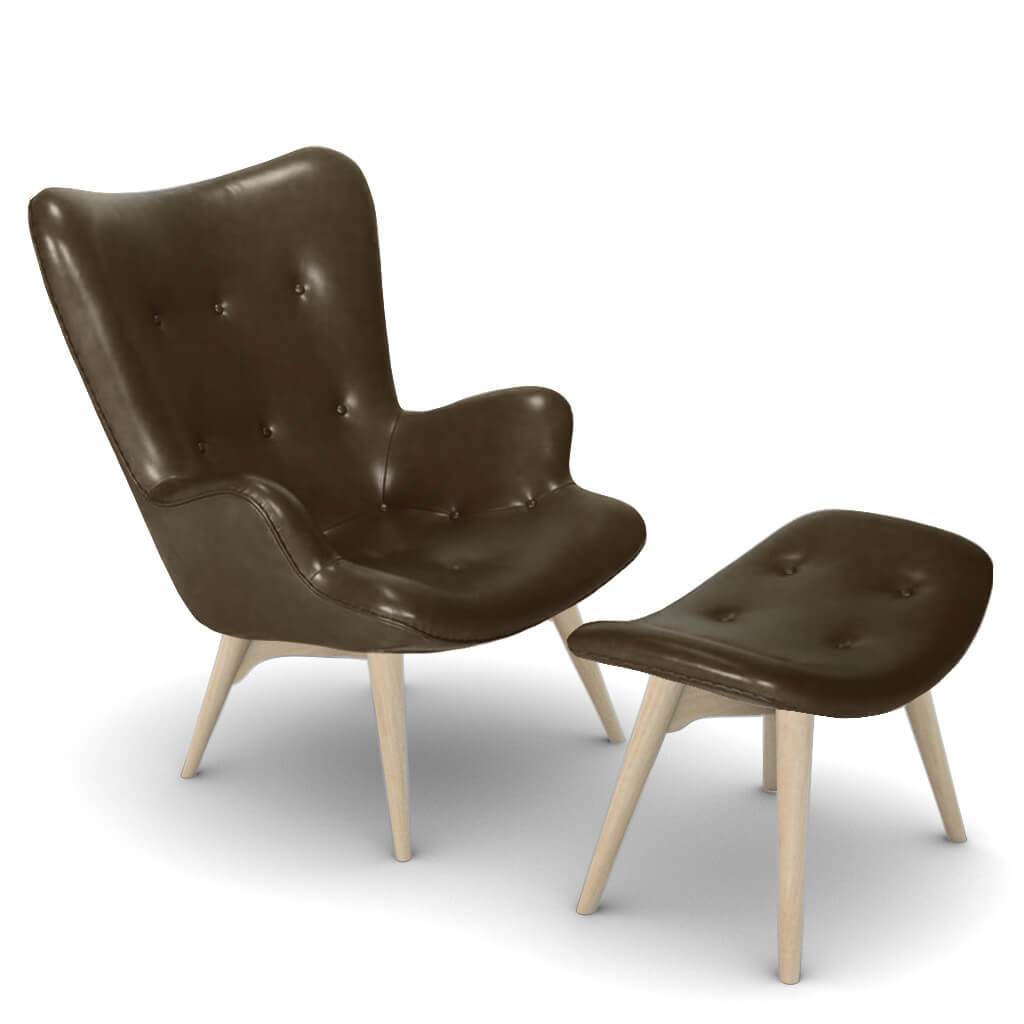 Grant Featherston Contour Lounge Chair & Ottoman Aniline Leather-Dark Brown / Natural Ash