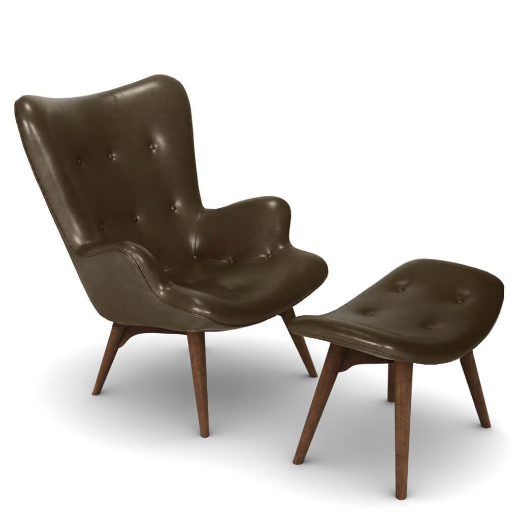 Grant Featherston Contour Lounge Chair & Ottoman Aniline Leather-Dark Brown / Walnut