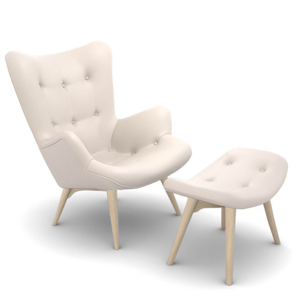 Grant Featherston Contour Lounge Chair & Ottoman Aniline Leather-White / Natural Ash
