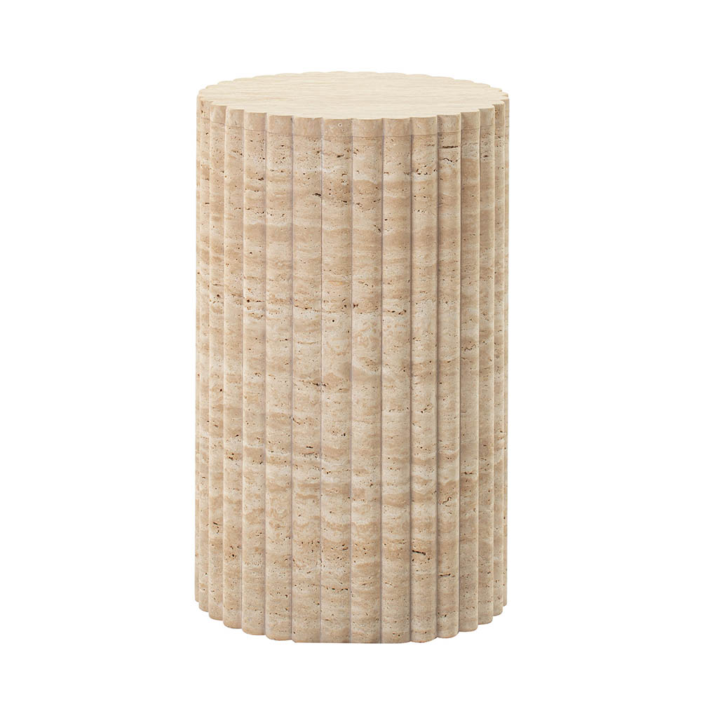 Cava Fluted Round Beige Travertine Drum Side Table / Standard