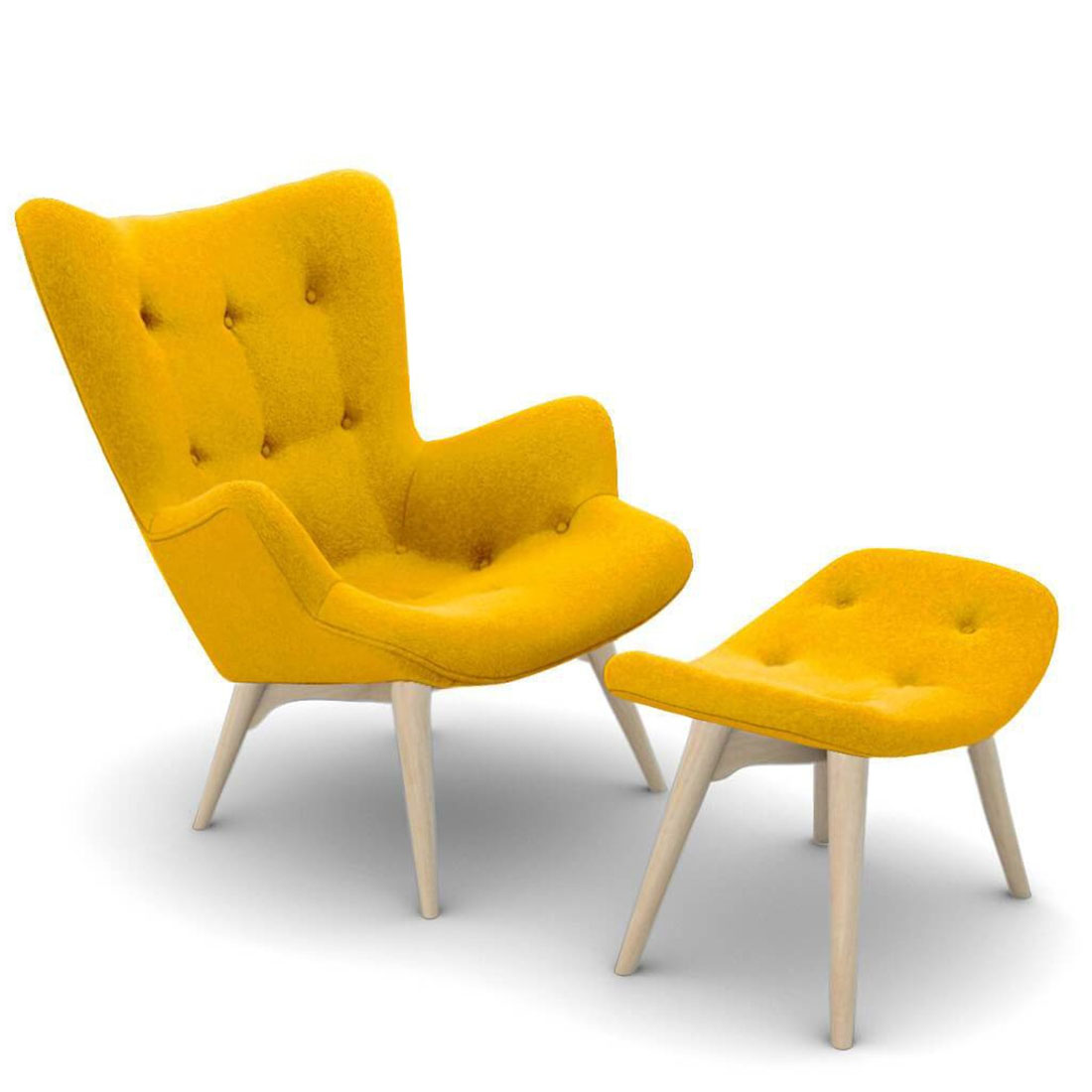 Grant Featherston Contour Lounge Chair & Ottoman Boucle Wool-Yellow / Natural Ash