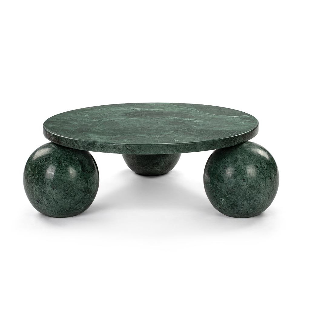 Amara Round Travertine Coffee Table with 3-Sphere Base - Green Flower
