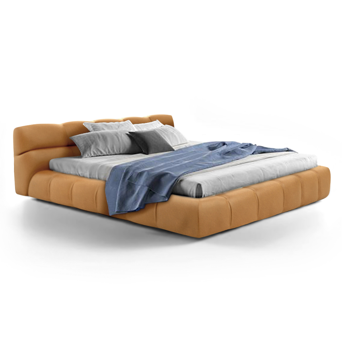 Tufted Bed Aniline Leather-Beige / California King Size