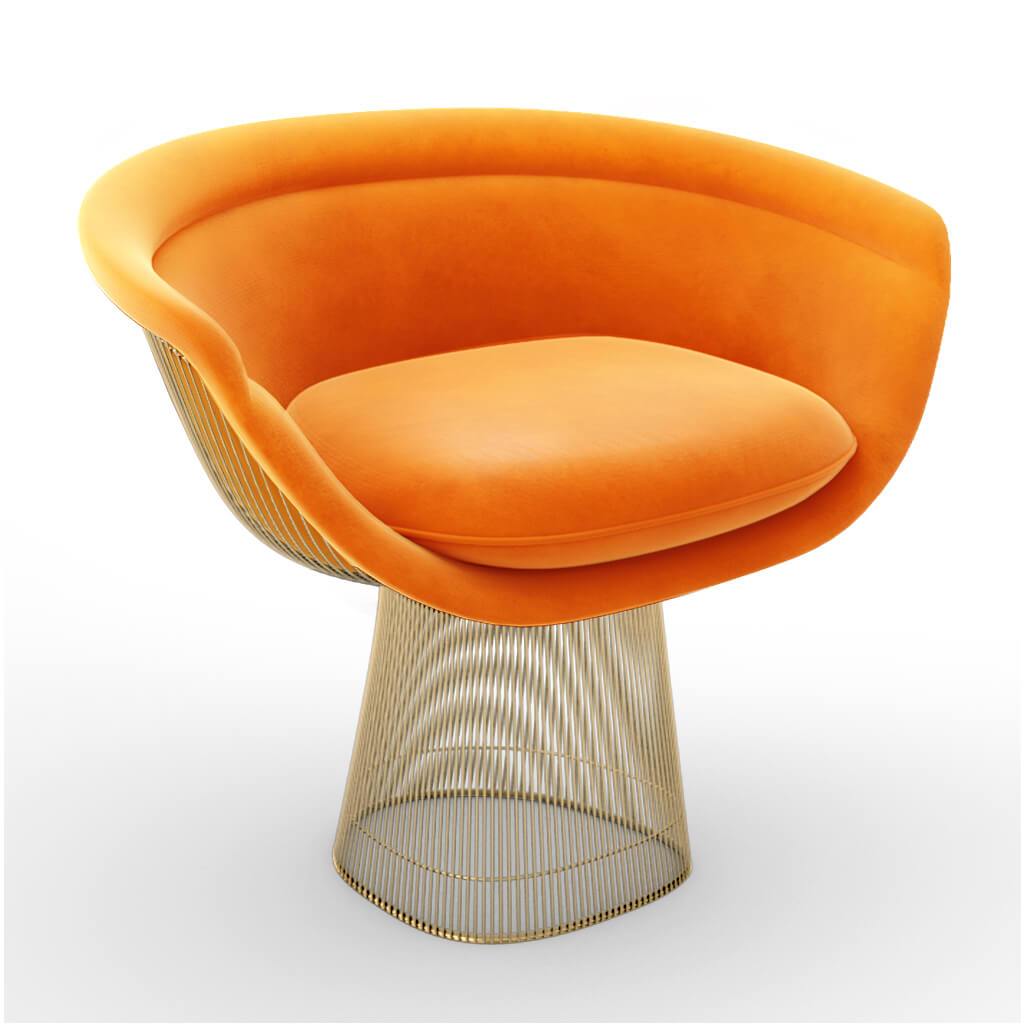 Mid Century Modern Warren Platner Lounge Chair - Gold Base Velvet-Tangerine Orange