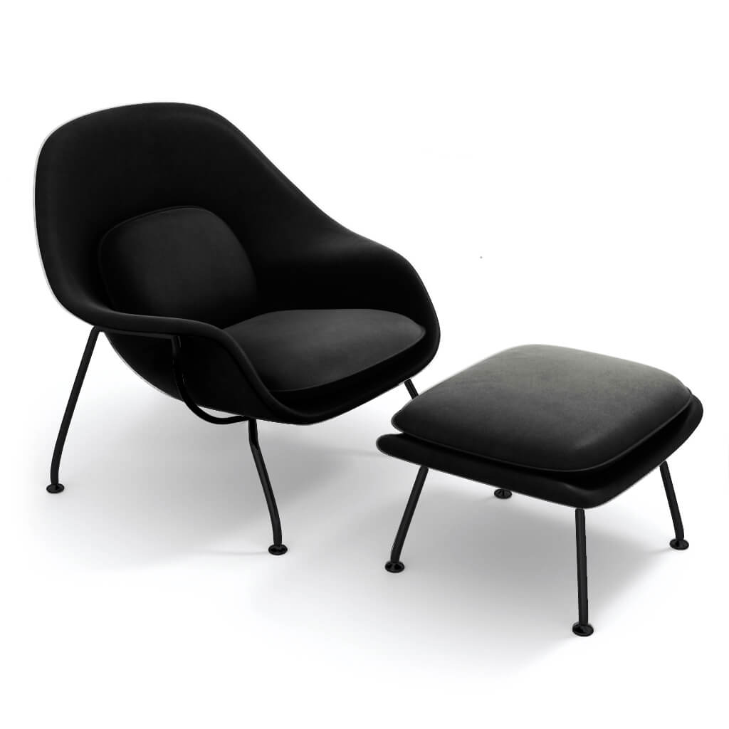 Womb Chair & Ottoman - Black Powder-Coated Steel Legs Aniline Leather-Black