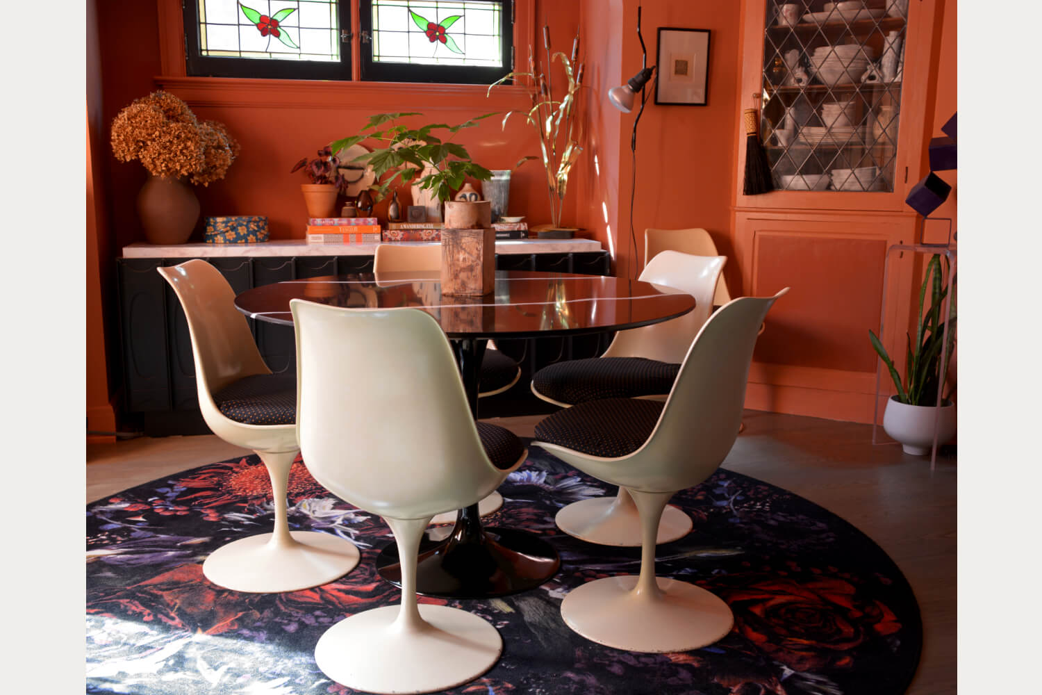 Energizing work or dining space with vibrant color tones.